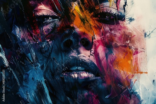 A dramatic and intense abstract portrait with a high-contrast color scheme, conveying a powerful and impactful visual statement © Boraryn