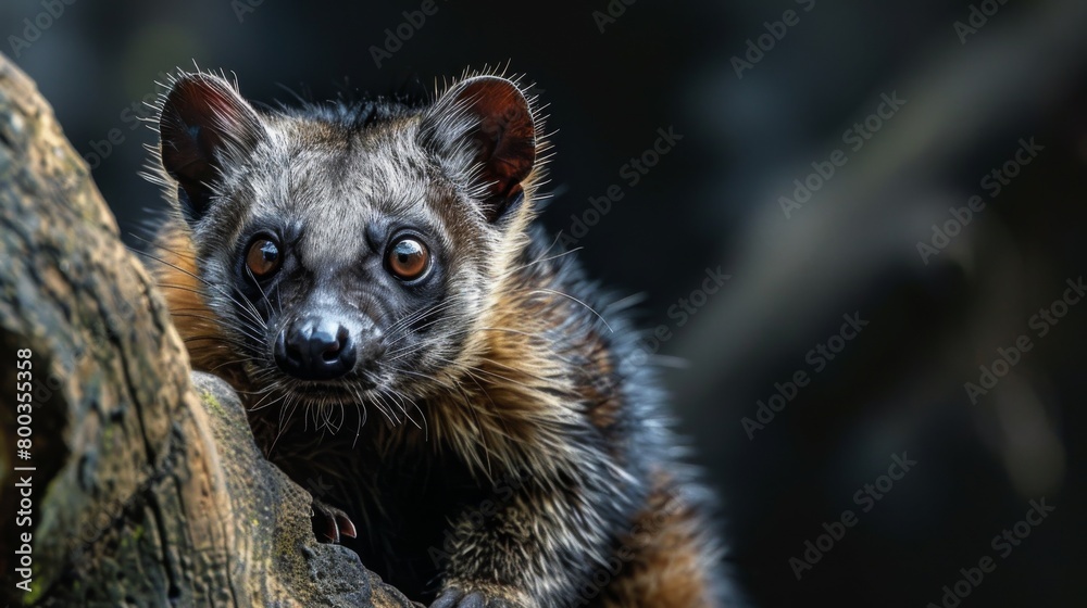 Fototapeta premium This captivating wildlife photograph shows a genet's face peering out from behind a tree, with a deep focus on the animal's inquisitive eyes