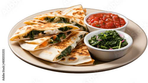 A white plate holds savory quesadillas beside a vibrant bowl of salsa on transparent background