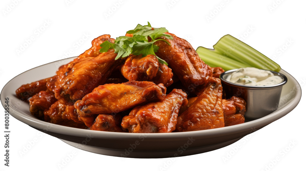 A plate of succulent chicken wings paired with fresh celery sticks on transparent background