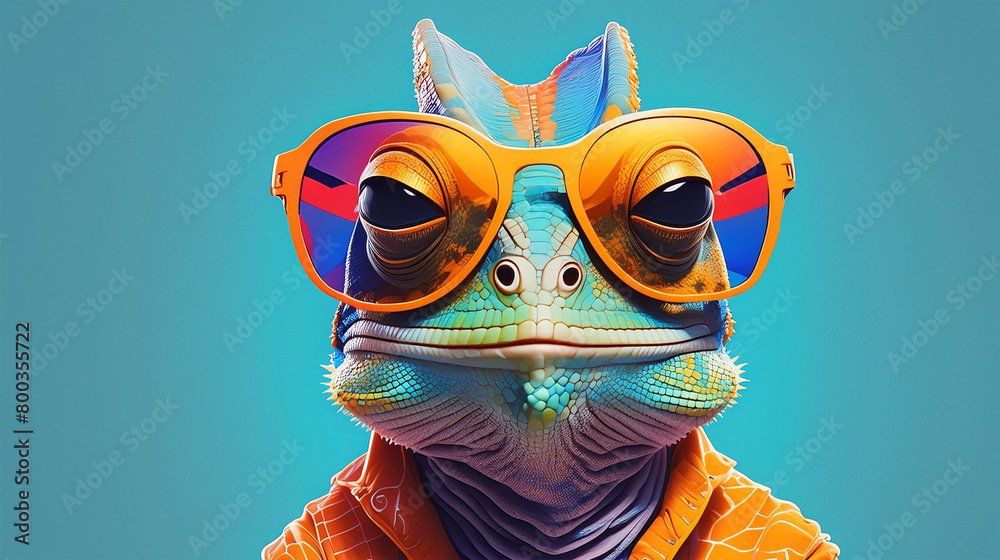 Chameleon wearing sunglasses on a solid color background