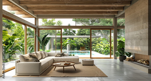 modern interior of the living room with fireplace, large windows and glass doors leading to an outdoor pool, garden view, modern architecture, concrete floor, wooden ceiling beams