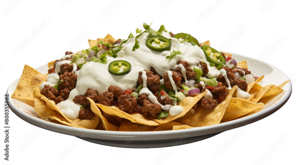 A white plate holds nachos smothered in melted cheese on transparent background A white plate holds nachos smothered in melted cheese on transparent background