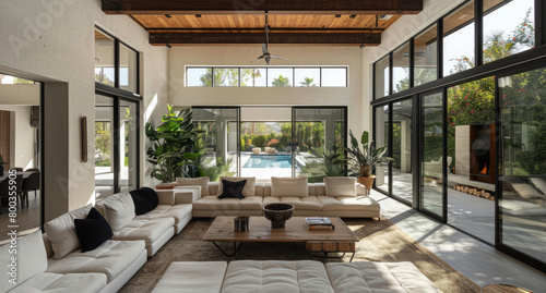 modern interior of the living room with fireplace  large windows and glass doors leading to an outdoor pool  garden view  modern architecture  concrete floor  wooden ceiling beams