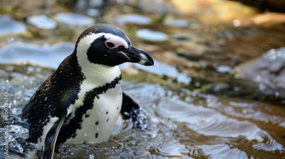 Naklejka premium Close-up view of a soaking-wet African penguin as it emerges from a water source, with water droplets in motion