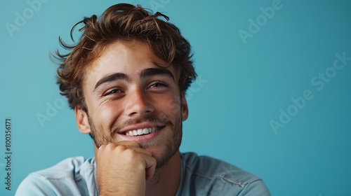 A Young caucasian man isolated on blue background smiling happy and confident, touching chin with hand photo