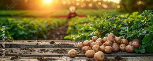 Close-up auf frisch geernteten Kartoffeln auf einem Tisch. Feld und Traktor im Hintergrund. Tisch mit Freiraum für Produktpräsentation und Textfreiraum. Panorama Banner Format