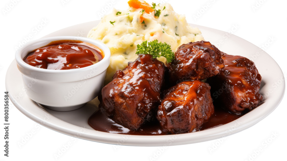 A white plate adorned with succulent meat drenched in savory gravy and topped with a dollop of creamy mashed potatoes on transparent background A white plate adorned with succulent meat drenched in savory gravy and topped with a dollop of creamy mashed potatoes on transparent background