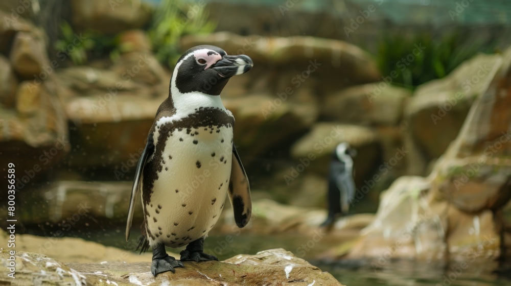 Naklejka premium Penguin on a rock commands attention, its backdrop featuring glistening water, a scene of peaceful wildlife