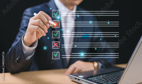 Business performance evaluate checklist review, businessman using pen computer online checklist survey, fill check digital report form checklist, assessment, questionnaire, evaluation, online survey