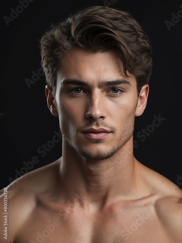 plain black background close-up portrait of caucasian handsome guy from Generative AI