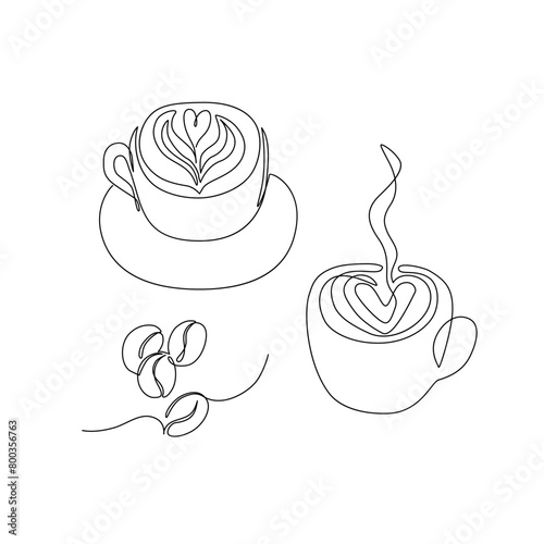Abstract coffee with heart drawing, coffee beans set continuous one line art. © Tanya Syrytsyna