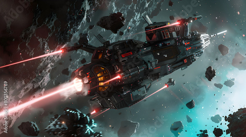 Fototapeta Naklejka Na Ścianę i Meble -  A futuristic space pirate, leading a daring raid on a heavily guarded space station, with laser blasts lighting up the darkness. Epic shot.


