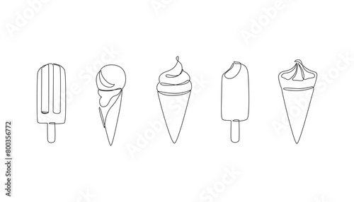 Abstract ice cream cones, lollipop continuous one line drawing set isolated on white background