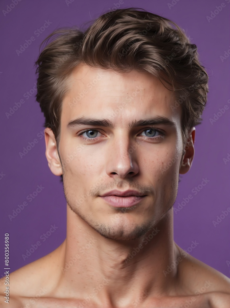 plain purple background close-up portrait of caucasian handsome guy from Generative AI