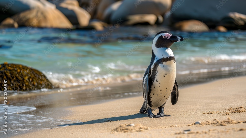 Fototapeta premium An adorable penguin appears at ease on a sandy beach, close to sea-kissed rocks