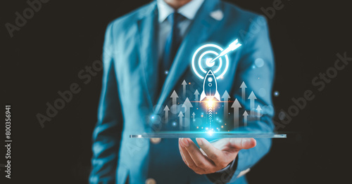 Increase strategy busines plan trend concept. Achieve growth goal sale marketing, increase success potential, soar rocket towards wealth. Competitive business rocket with up arrow investment icon