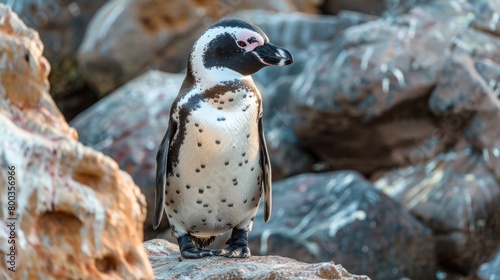 A serene penguin stands on jagged rocks, contemplatively gazing into the distance photo