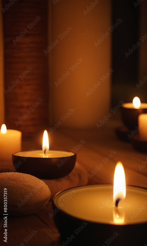 A peaceful and relaxing atmosphere with burning candles on a dark background. Relaxing evening in a cozy Thai resort. Suitable for spa and beauty themes. A peaceful and relaxing atmosphere with burning candles on a dark background. Relaxing evening in a cozy Thai resort. Suitable for spa and beauty themes.
