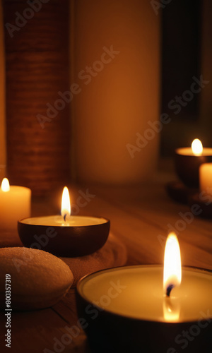 A peaceful and relaxing atmosphere with burning candles on a dark background. Relaxing evening in a cozy Thai resort. Suitable for spa and beauty themes.
