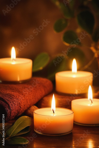 A peaceful and relaxing atmosphere with burning candles on a dark background. Relaxing evening in a cozy Thai resort. Suitable for spa and beauty themes.