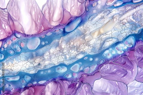 Light micrograph of a section through a lily stem. A thin outer epidermis (dark blue) surrounds a layer of cortex.