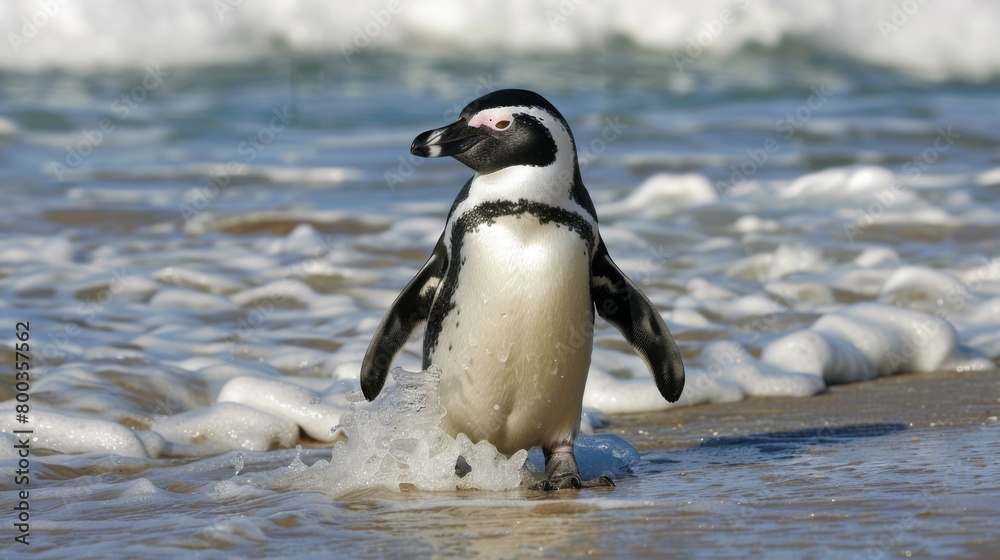 Fototapeta premium The penguin stands firm as foamy ocean waves wash over a beach, reflecting a powerful yet serene natural interaction