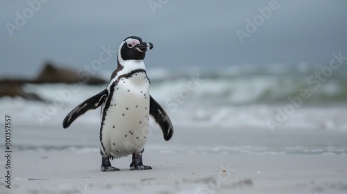 A penguin poses on a beach as waves roll in, the overcast sky adding a moody tone to the tranquil wildlife scene