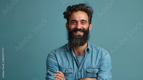 A young crazy bearded man smiling to camera with crossed arms and a happy, confident, satisfied expression, lateral view against flat wall photo