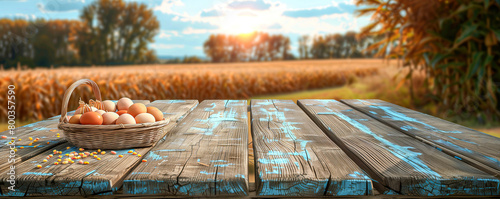 Close-up auf einen Holztisch mit Landeiern in einem Korb. Getreidefeld und Traktor im Hintergrund. Tisch mit Freiraum für Produktpräsentation und Textfreiraum. Panorama Banner Format.