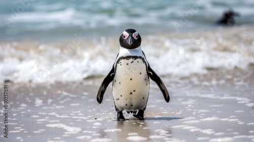 A direct frontal view captures an African penguin's curious gaze standing by the foamy sea, highlighting the bird's characteristic features photo