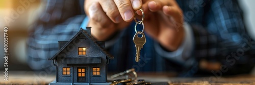 Photo of a real estate agent handing keys to new owners of the house with a miniature house as a resresentation of home. photo