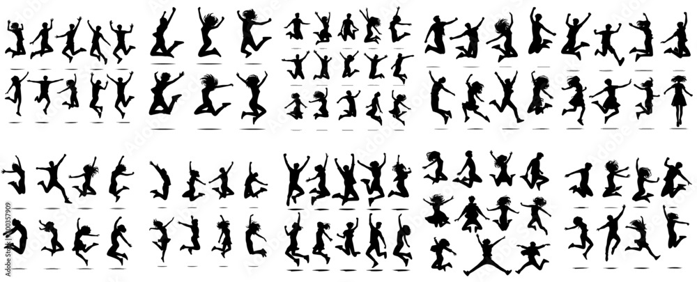 Vector set of people jumping silhouette with simple flat design style,
