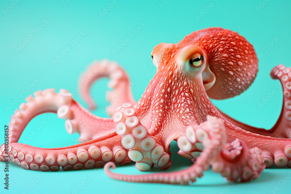 Naklejka premium Pink octopus on blue studio background