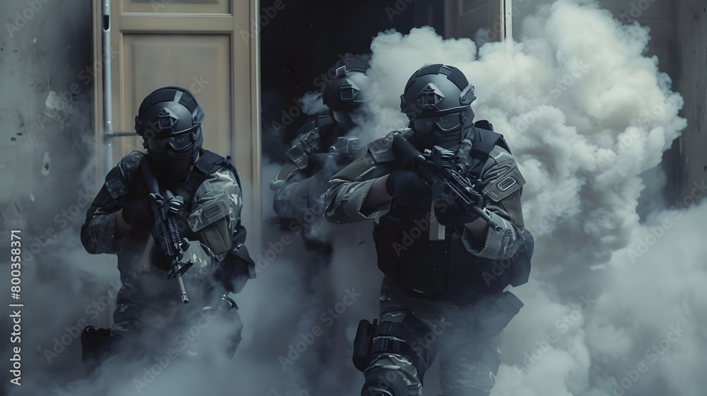 A modern-day SWAT team breaching a door, with smoke grenades billowing around them, in a high-stakes hostage rescue operation. Epic shot.


