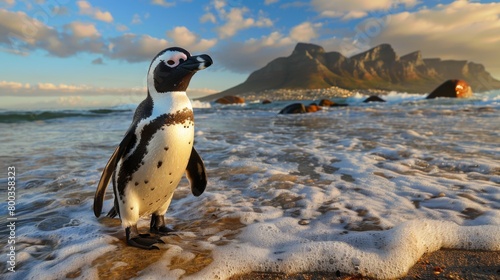 A wild penguin stands on a sandy beach with waves and mountains under a blue sky, invoking a sense of freedom and wanderlust