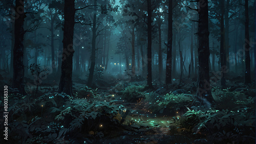 Foggy enchanted forest background at night  dense forest with fog detailed style  apocalyptic  illustration  soft tones  horror style  detailed apocalyptic good for musical video or video Ai Generated