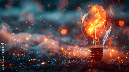 A single glowing light bulb radiates with fiery sparks, symbolizing energy, power, and innovation on a dark background