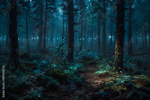 Foggy enchanted forest background at night  dense forest with fog detailed style  apocalyptic  illustration  soft tones  horror style  detailed apocalyptic good for musical video or video Ai Generated