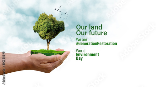 World Environment Day 2024 concept - Land restoration, desertification and drought resilience, 3d tree background. Ecology concept. We are #GenerationRestoration photo
