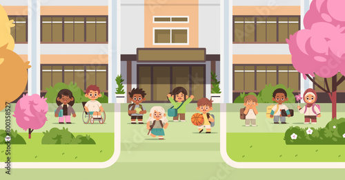 Happy school students on school yard. Educational institution flat vector illustration