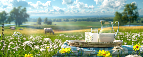 Milchkrug und zwei Gläser mit Milch stehen auf einem Tisch in landwirtschaftlicher Umgebung. Panorama Banner Format photo