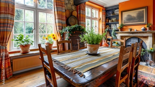 English Countryside Style: Country Cottage Dining Room Decor with Dark Wood Furniture. Concept Country Cottage Style, Dining Room Decor, Dark Wood Furniture, English Countryside