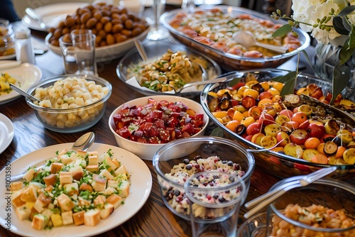 A beautifully arranged spread of different dishes at an elegant wedding party, including fruit salad and macaroni. Ai generates