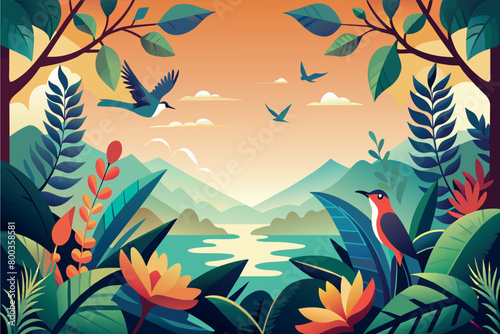 A colorful painting of a forest with birds flying in the sky
