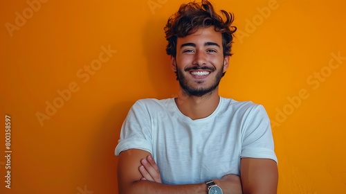 A young crazy man smiling to camera with crossed arms and a happy, confident, satisfied expression, lateral view against orange wall photo