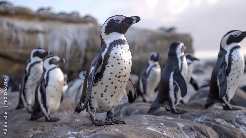 Obraz premium An image of an individual penguin standing prominently in the foreground with peers in the backdrop