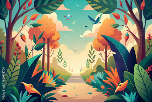 A colorful  cartoonish drawing of a forest with a road running through it