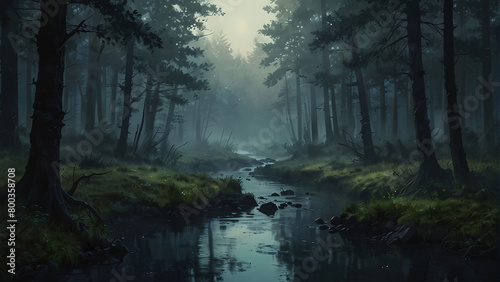 Foggy enchanted forest background at night, dense forest with fog detailed style, apocalyptic, illustration, soft tones, horror style, detailed apocalyptic good for musical video or video Ai Generated © AntokSena