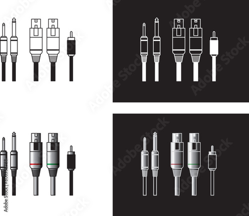 A collection of connectors, plugs, sockets, jacks and cables for different devices. 